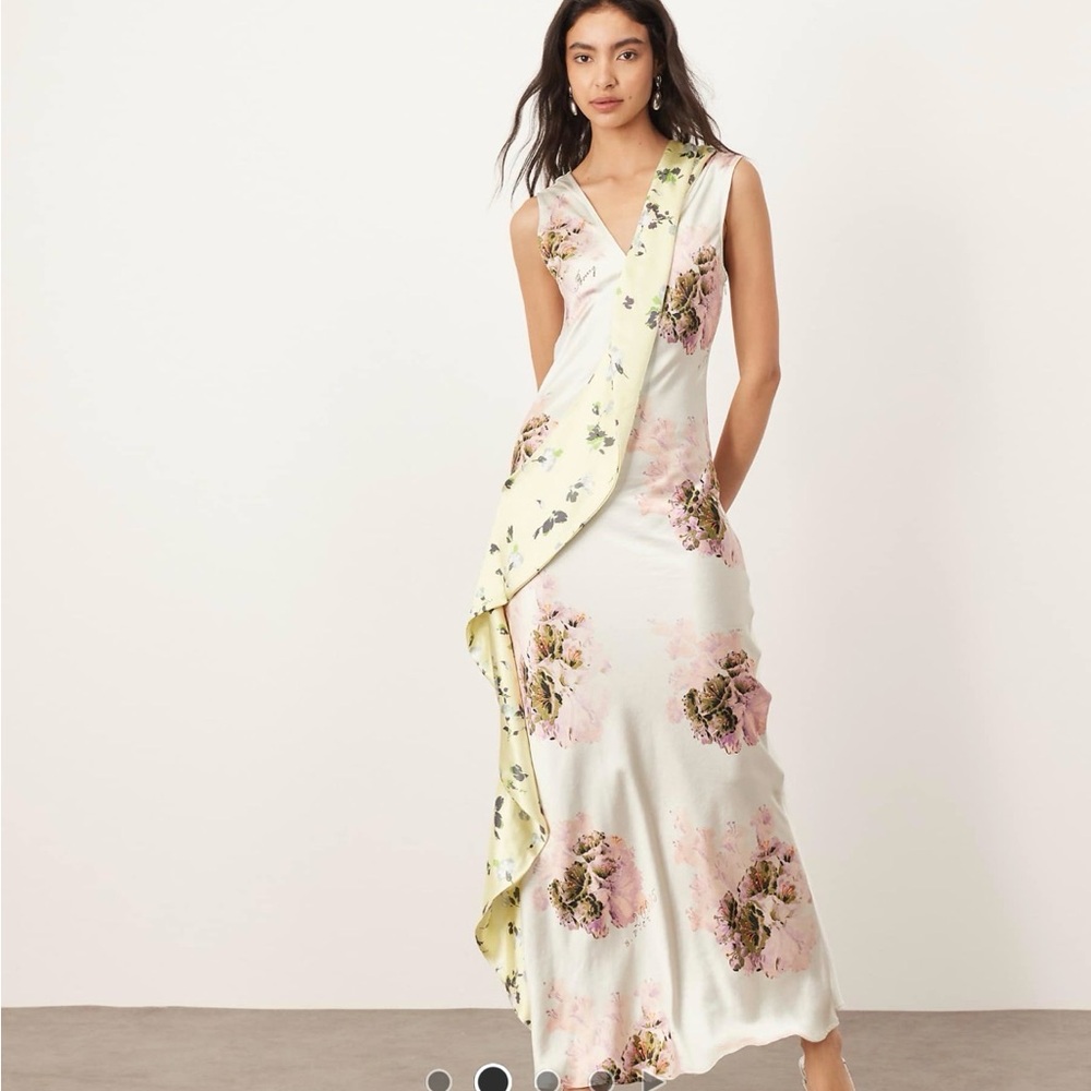 ARRANGE Sleeveless Floral Satin Maxi Dress with Yellow Sash